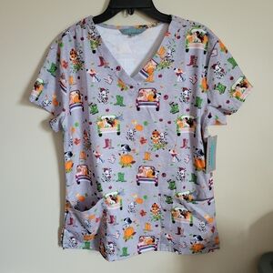 Gray Town Women's Scrubs V-Neck Scrub Top - Thanksgiving Fall Puppies Holiday